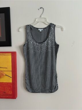 Cache Black & White Striped Sequin Tank